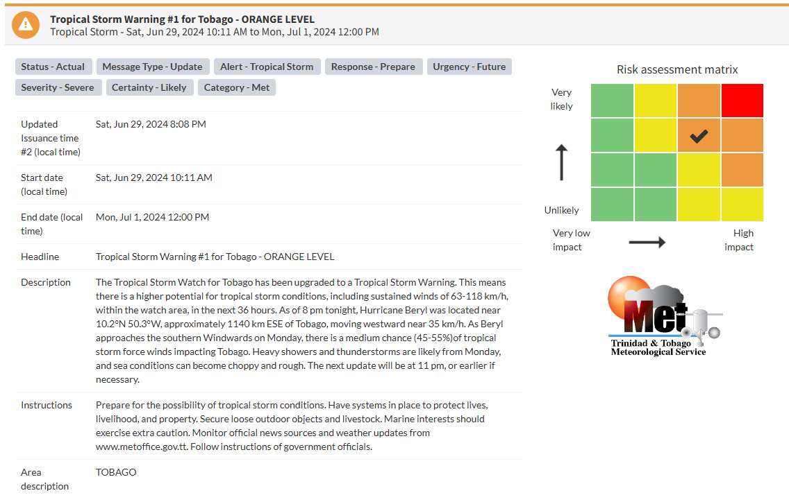 Tropical Storm Warning information from the Trinidad and Tobago Meteorological Service