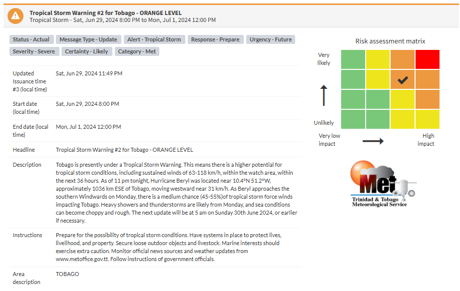 Tropical Storm Warning information from the Trinidad and Tobago Meteorological Service