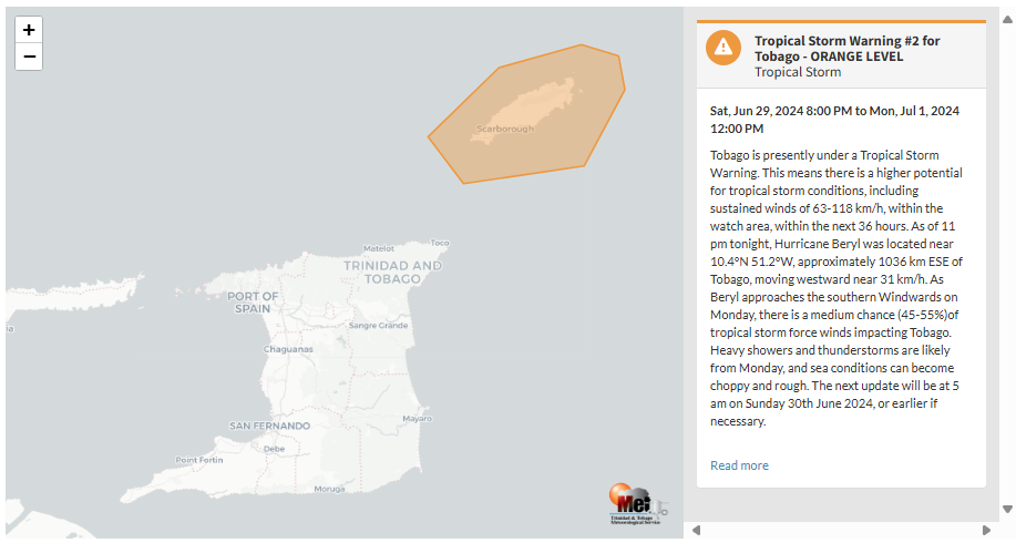 Tropical Storm Warning information from the Trinidad and Tobago Meteorological Service