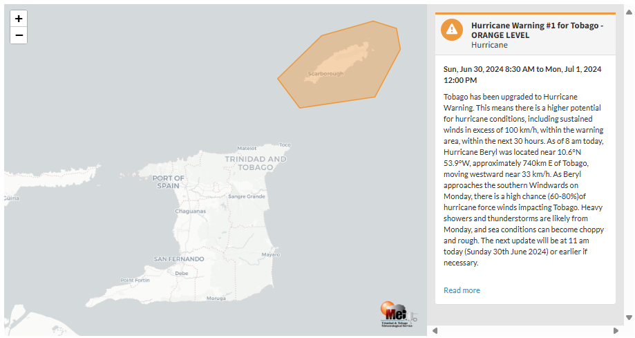 Hurricane Warning information from the Trinidad and Tobago Meteorological Service