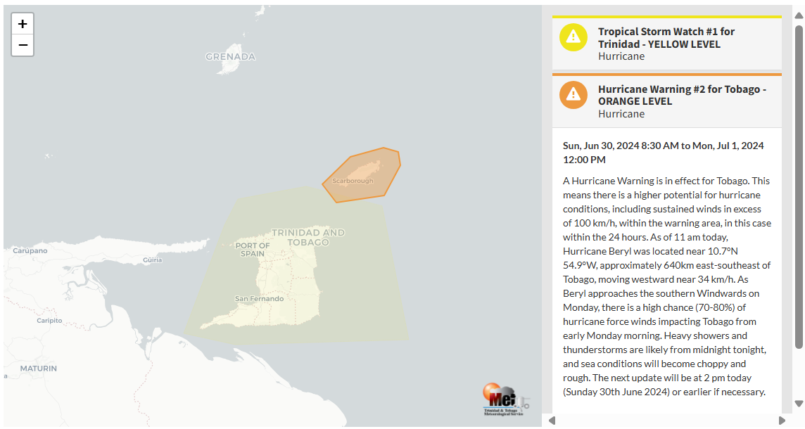 Hurricane Warning information from the Trinidad and Tobago Meteorological Service