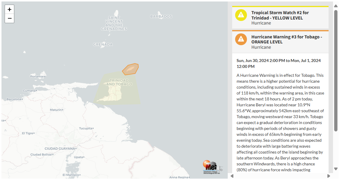 Hurricane Warning information from the Trinidad and Tobago Meteorological Service