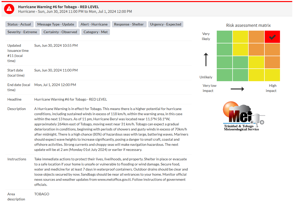 Hurricane Warning information from the Trinidad and Tobago Meteorological Service