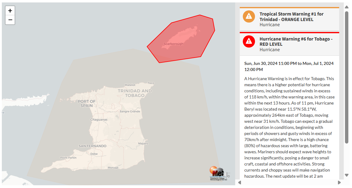 Hurricane Warning information from the Trinidad and Tobago Meteorological Service