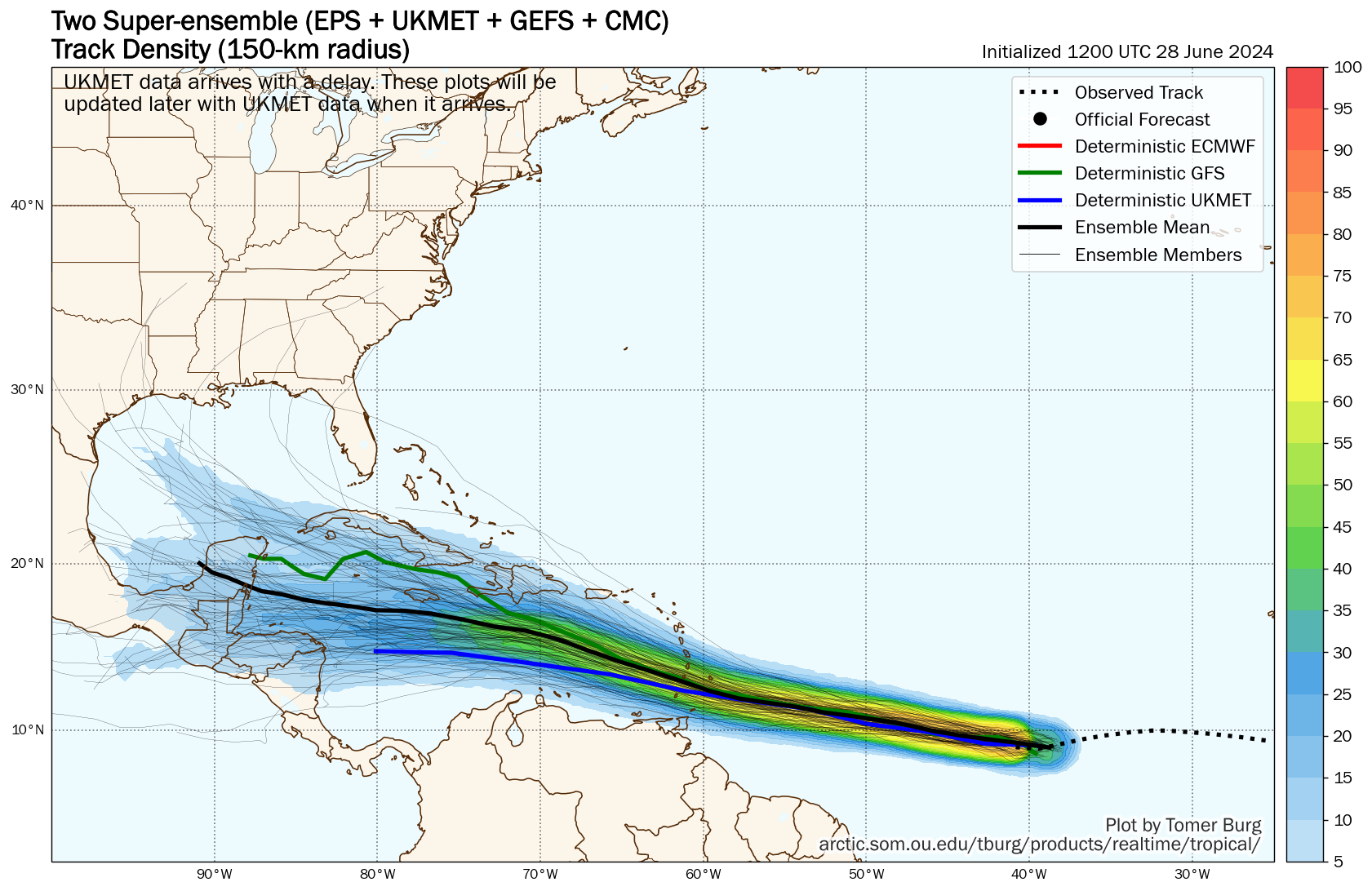 12Z Friday, June 28th, 2024, deterministic and hurricane model guidance for Tropical Depression Two, showing clustered possible tracks from the top leading global models. (Tomer Burg)