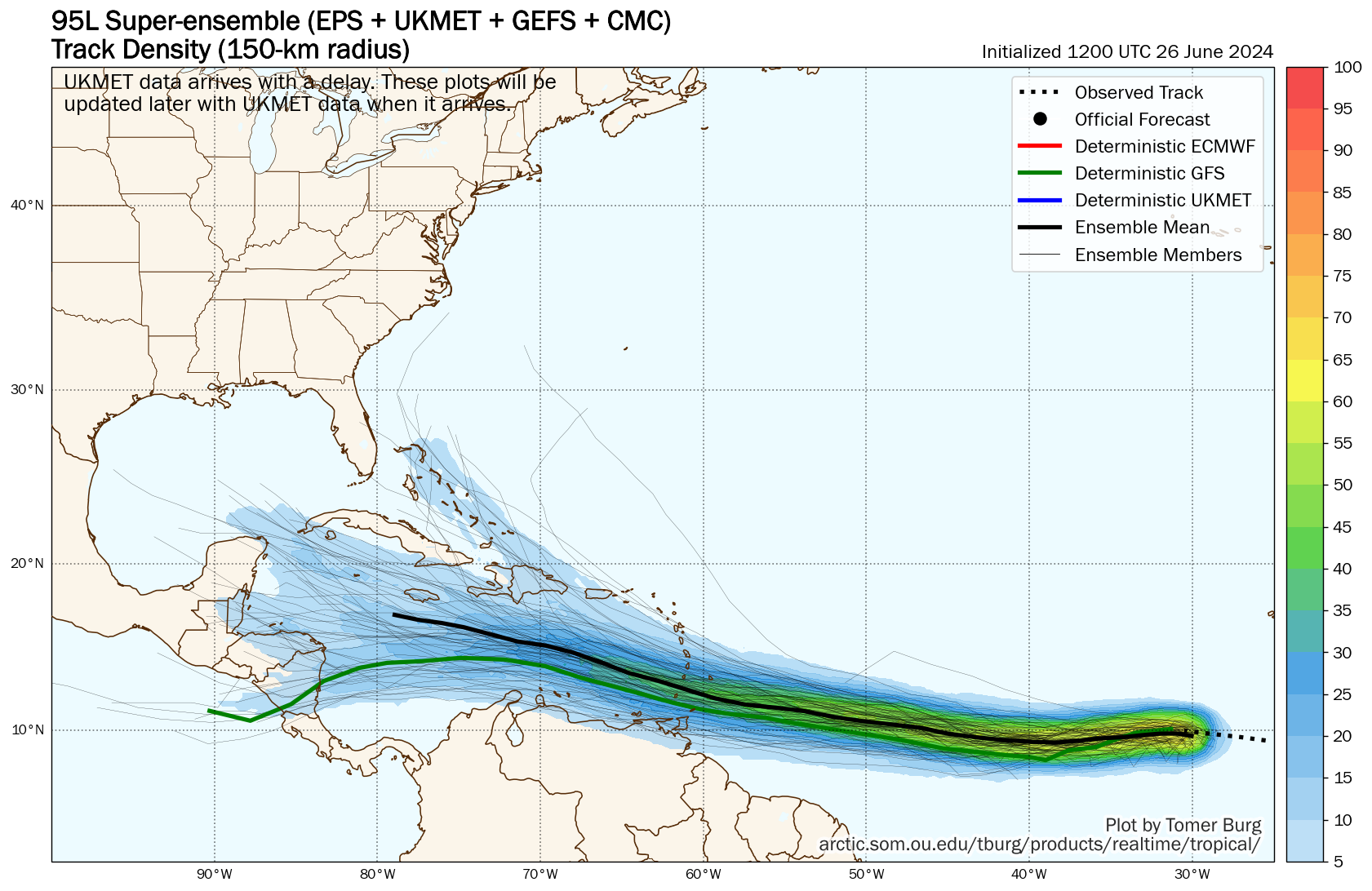 12Z Wednesday, June 26th, 2024, deterministic and hurricane model guidance for Invest 95L, showing clustered possible tracks from the top leading global models. (Tomer Burg)