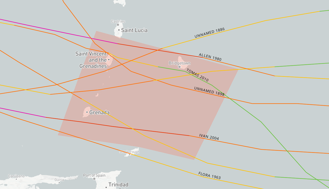 Historical tracks of Category 2 and above hurricanes across the Windward Islands.