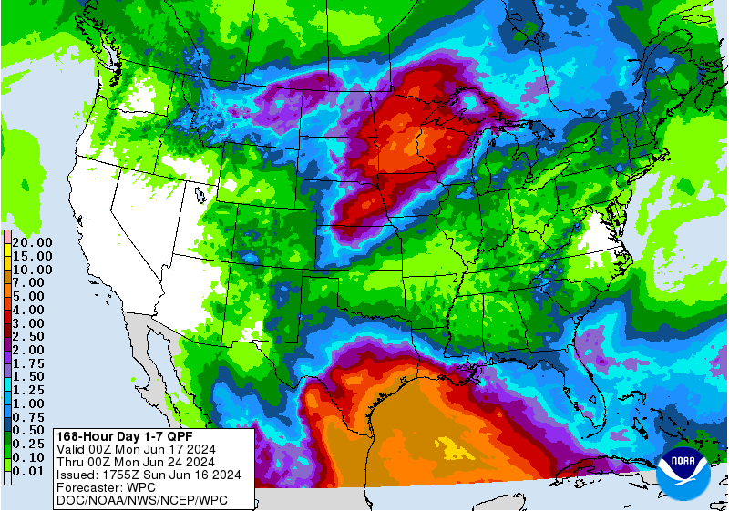 The latest 7-day precipitation forecast depicts two areas at risk of excessive rainfall, the Upper Midwest and western/central Gulf Coast, due to deep, tropical moisture associated with a disturbance in the Gulf of Mexico.