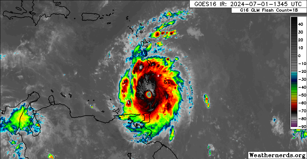 Hurricane Beryl moving away from Trinidad and Tobago and the Windward Islands on Monday afternoon, July 1st, 2024