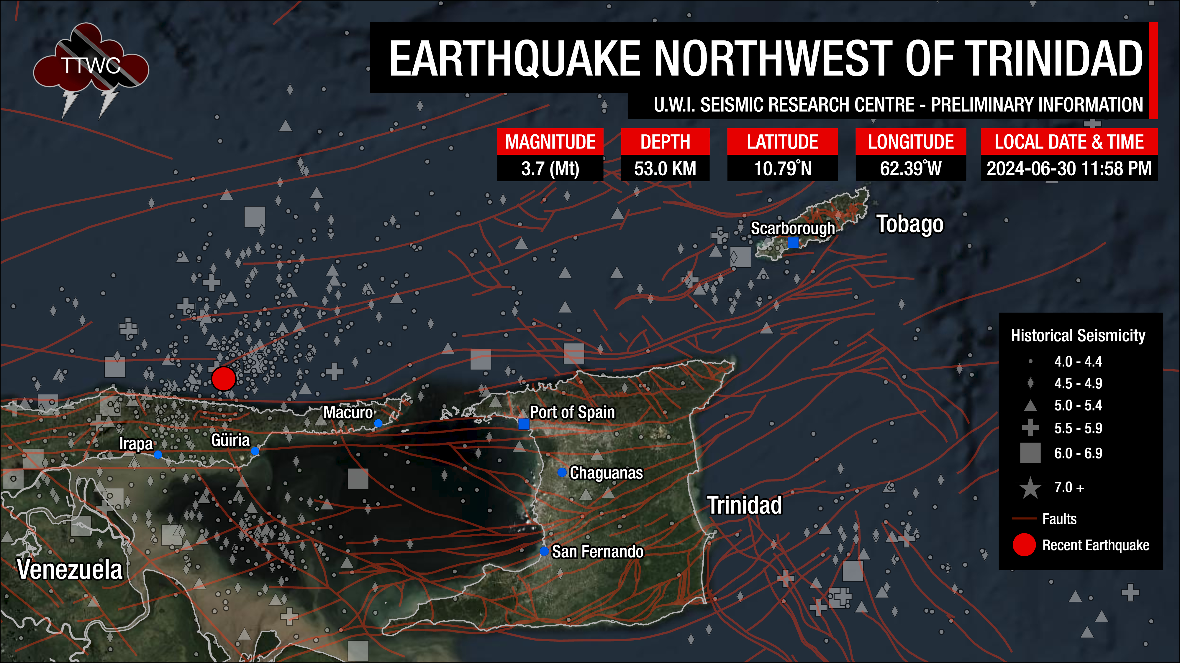 Information from the UWI SRC concerning the earthquake northwest of Trinidad