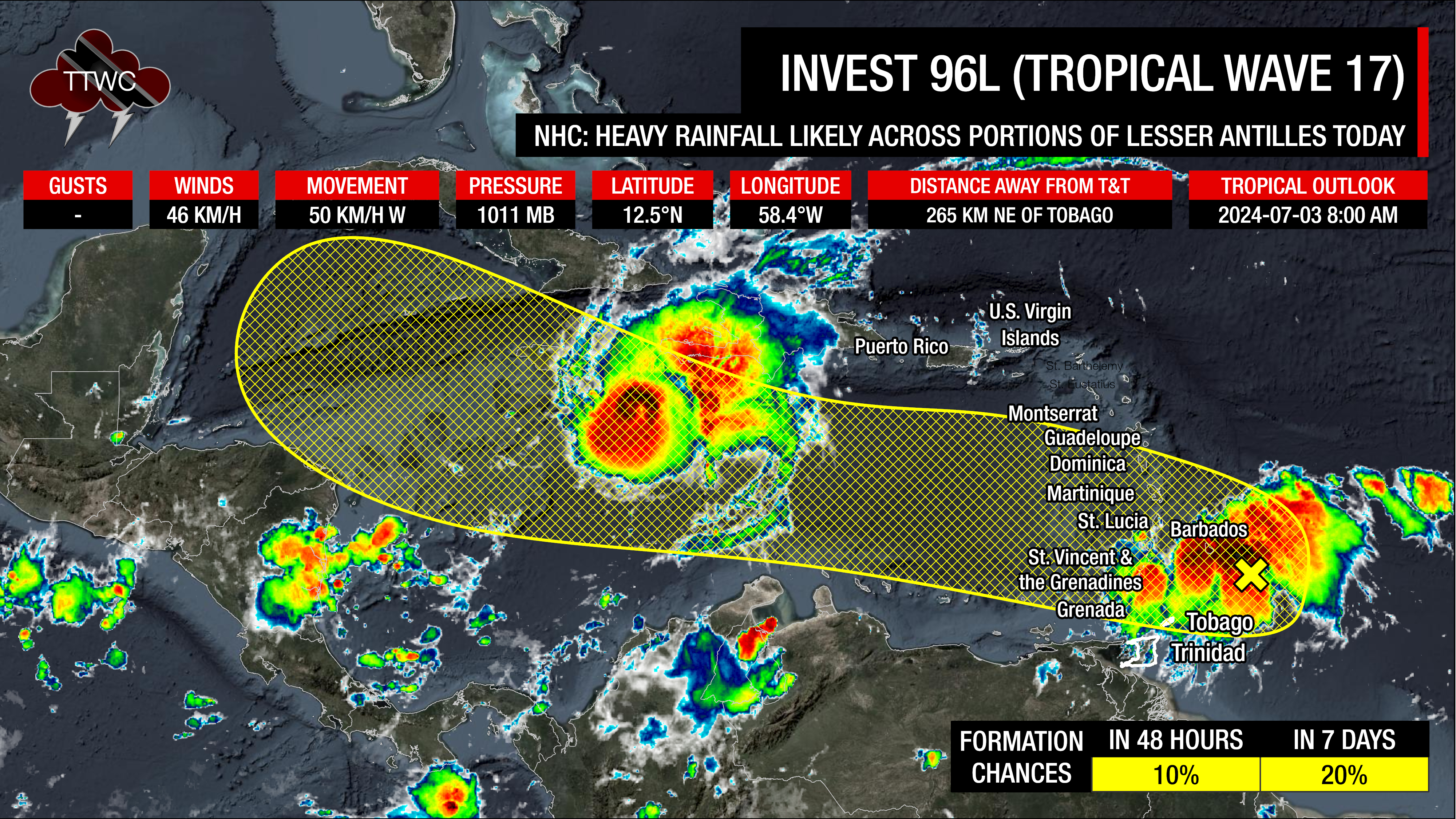 Latest information on Invest 96L/Tropical Wave 17 from the National Hurricane Center as of 8:00 AM Wednesday, July 3rd, 2024.