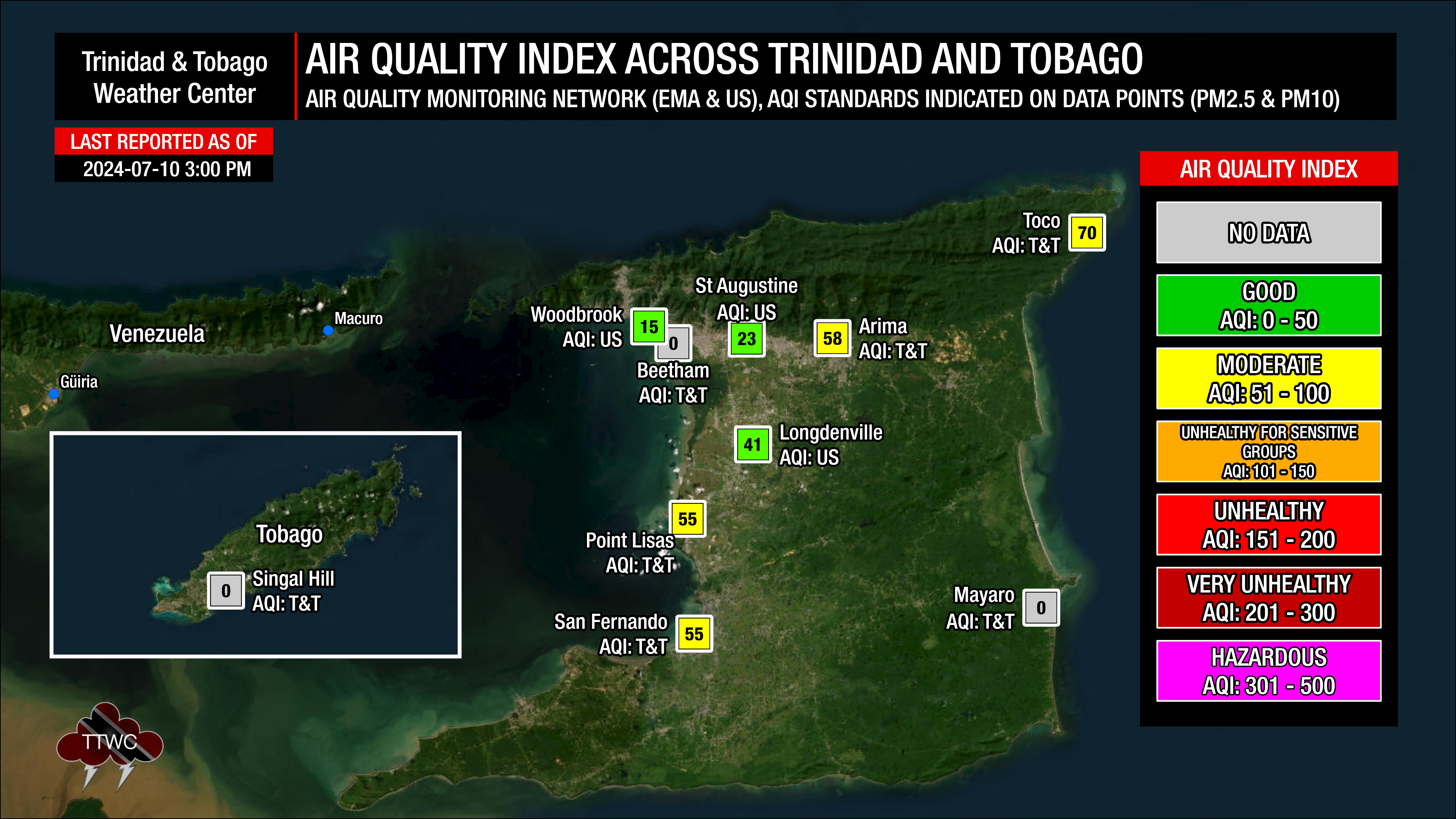 Air quality monitoring stations across Trinidad and Tobago as of 3:00 PM Wednesday, July 10th, 2024.