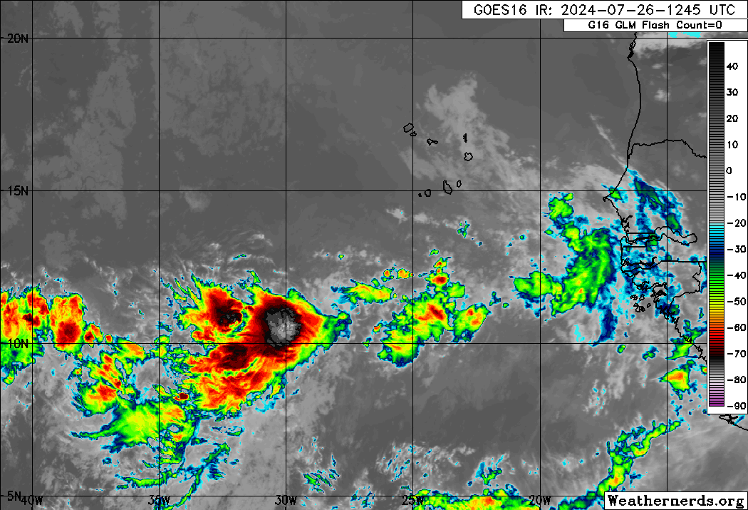 The axis of Tropical Wave 25 and Tropical Wave 26, well east of the Lesser Antilles, producing showers and cloudiness where the wave axes interact with the Intertropical Convergence Zone. (Weathernerds.org)