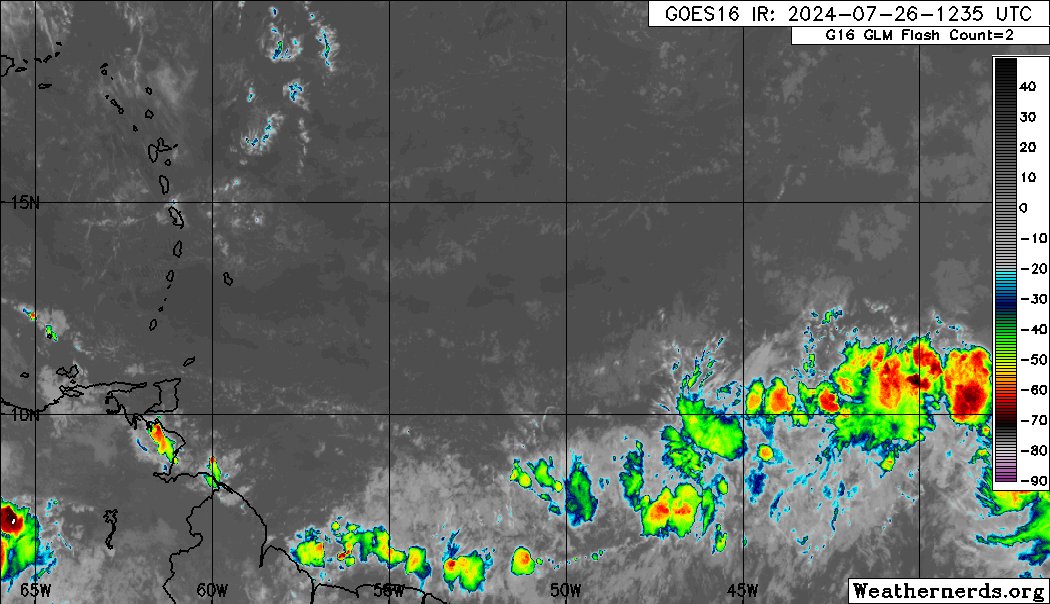 An area of disturbed weather, located approximately 3,000 kilometers east of Trinidad and Tobago, producing scattered showers and cloudiness within the Intertropical Convergence Zone. (Weathernerds.org)