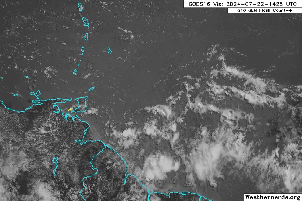 A low-level trough moving toward the Windward Islands on Monday, July 22nd, 2024, producing scattered showers and cloudiness as the Intertropical Convergence Zone looms directly east of T&T. (Weathernerds.org)