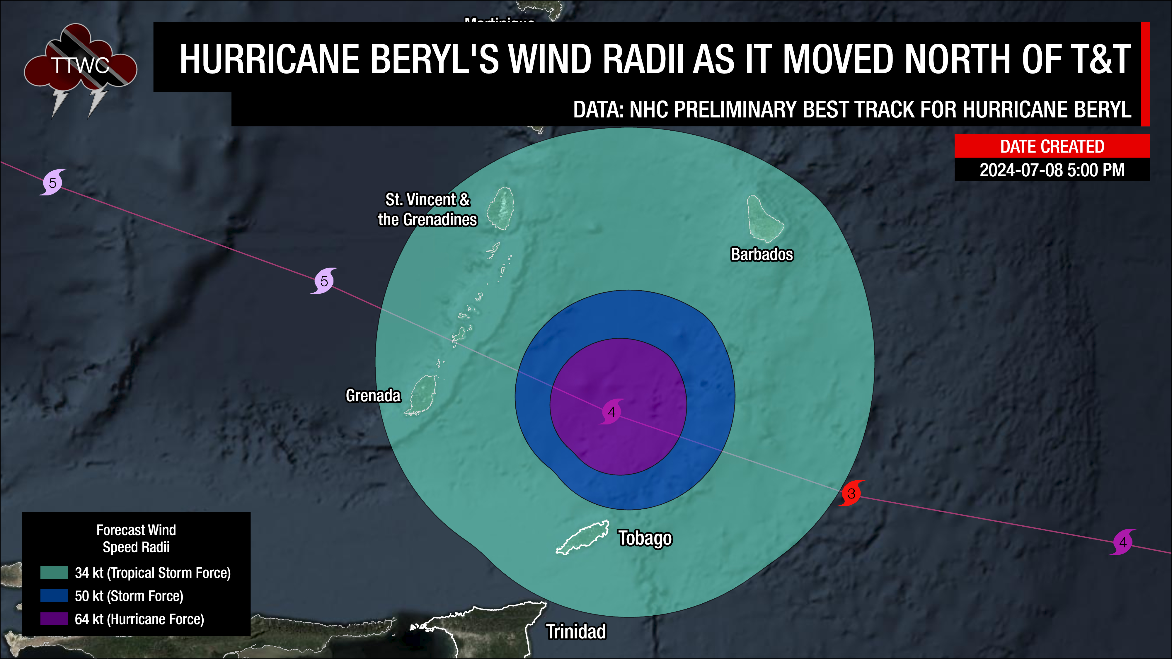 Best track data from the National Hurricane Center showing Hurricane Beryl at 8:00 AM July 1st, 2024, at Category 4 strength, with hurricane-force winds remaining close to the center.