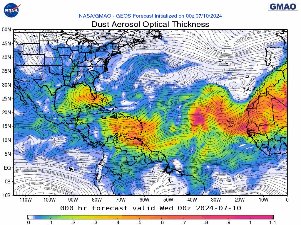 00Z Wednesday, July 10th, 2024, NASA GEOS-5 Dust Extinction Monitoring Tropical Atlantic Dust Aerosol Optical Depth showing Saharan Dust.