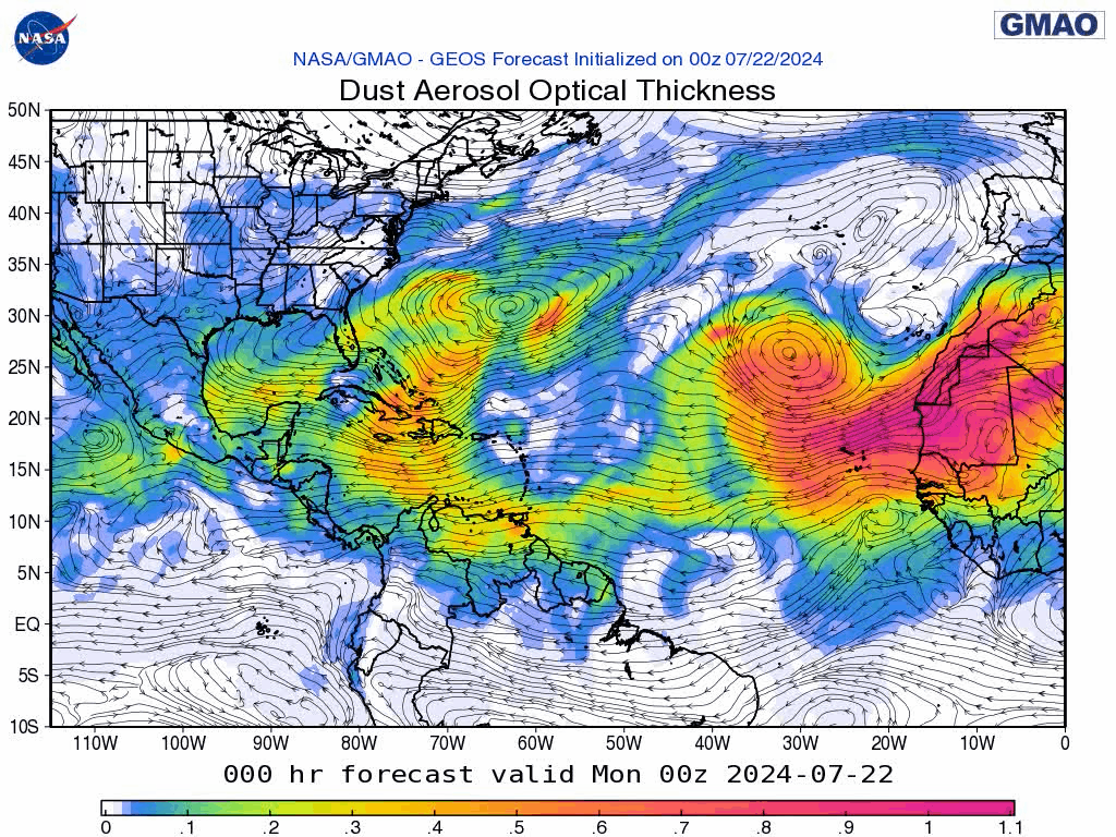 00Z Monday, July 22nd, 2024, NASA GEOS-5 Dust Extinction Monitoring Tropical Atlantic Dust Aerosol Optical Depth showing Saharan Dust.