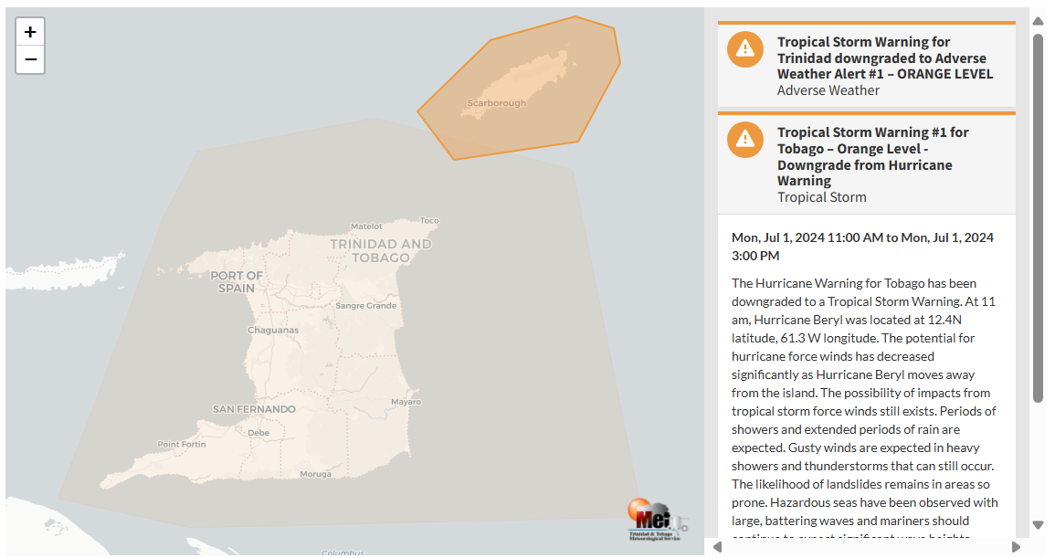 Tropical Storm Warning information from the Trinidad and Tobago Meteorological Service