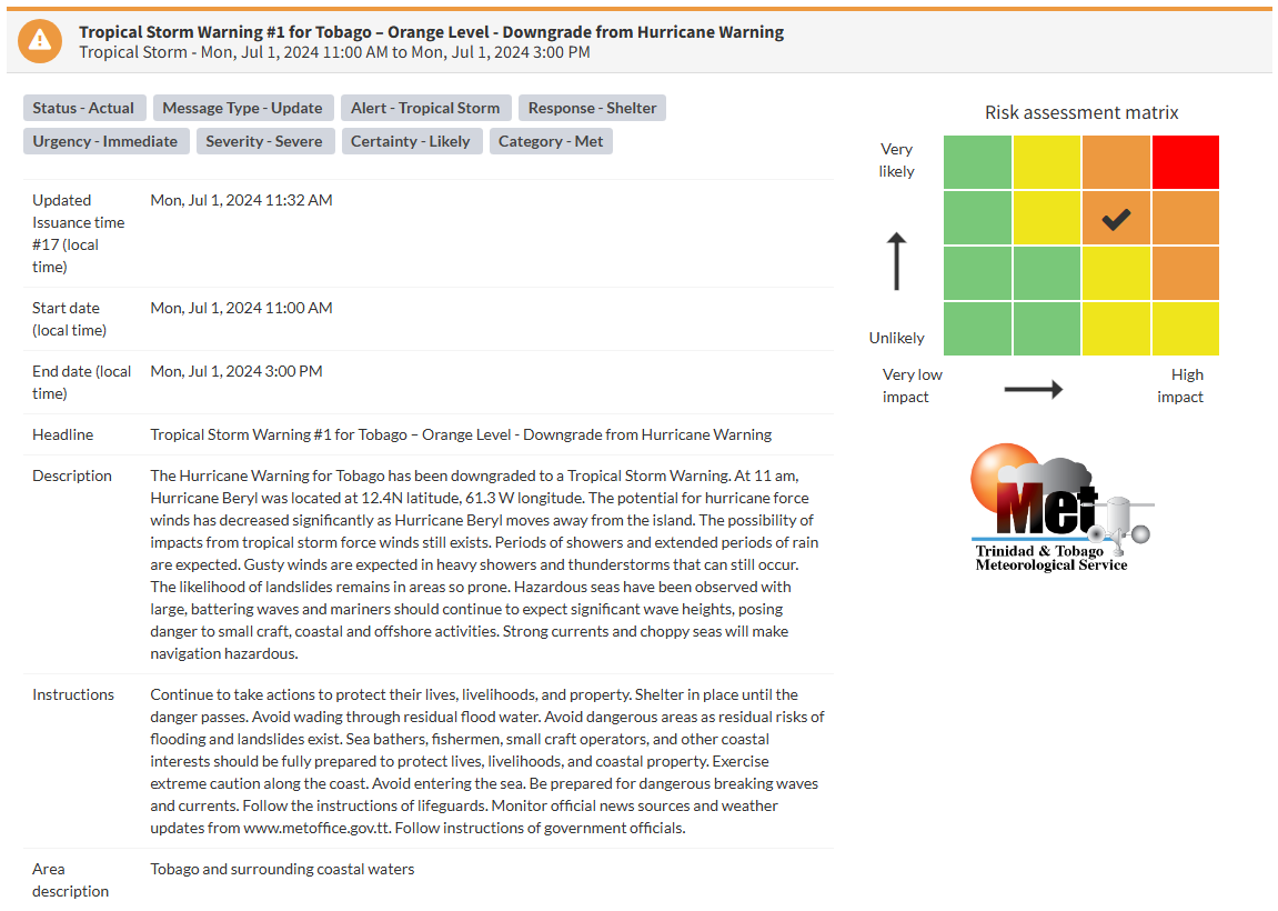 Tropical Storm Warning information from the Trinidad and Tobago Meteorological Service