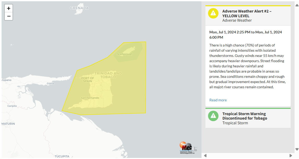 Adverse Weather Alert information from the Trinidad and Tobago Meteorological Service