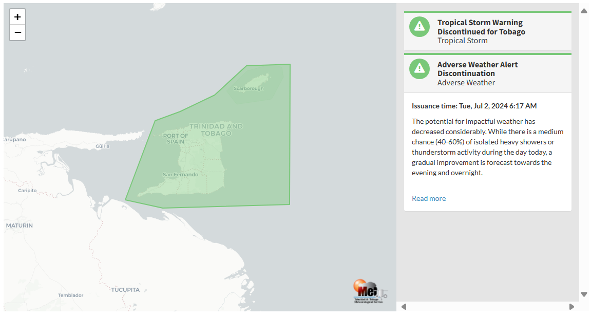 Adverse Weather Alert information from the Trinidad and Tobago Meteorological Service