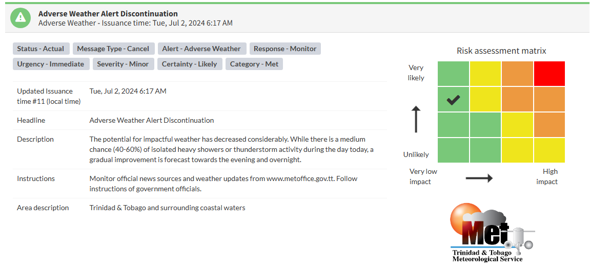 Adverse Weather Alert information from the Trinidad and Tobago Meteorological Service