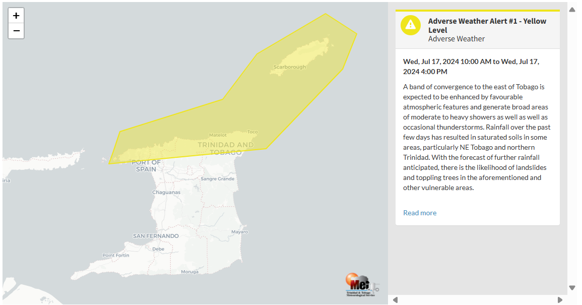 Adverse Weather Alert information from the Trinidad and Tobago Meteorological Service