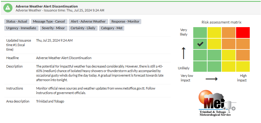 Adverse Weather Alert information from the Trinidad and Tobago Meteorological Service