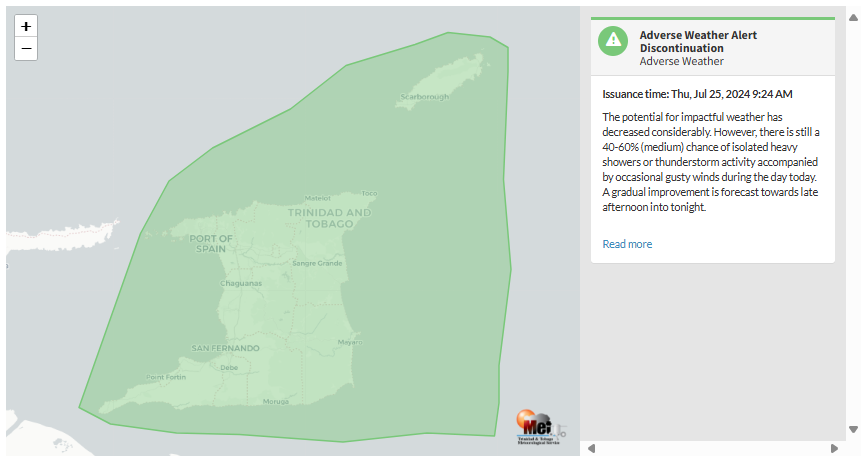 Adverse Weather Alert information from the Trinidad and Tobago Meteorological Service