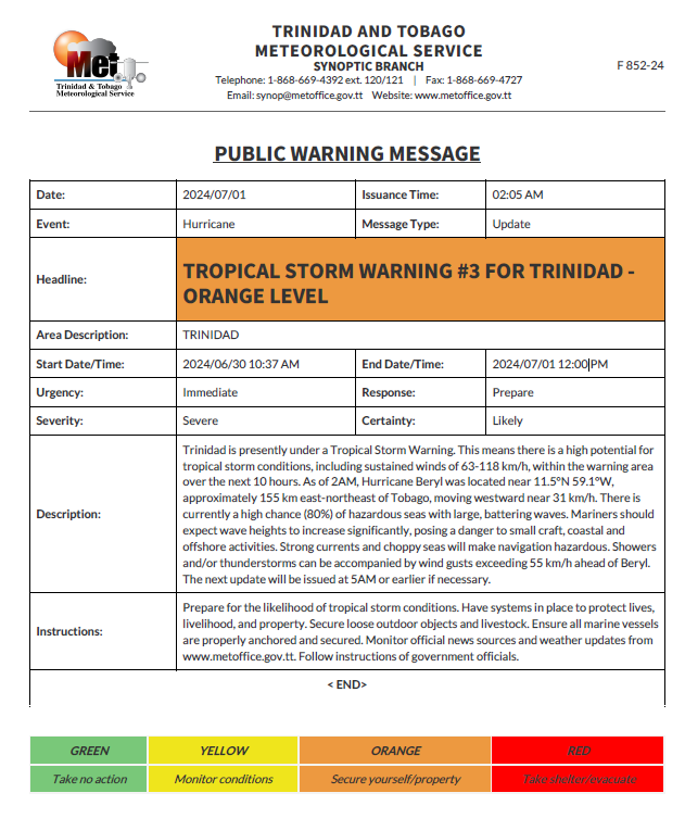 Tropical Storm Warning information from the Trinidad and Tobago Meteorological Service