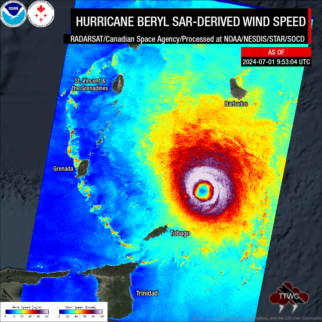 Hurricane Beryl north of Trinidad and Tobago at 5:53 AM local time on July 1st, 2024. (RADARSAT/Canadian Space Agency/Processed at NOAA/NESDIS/STAR/SOCD)