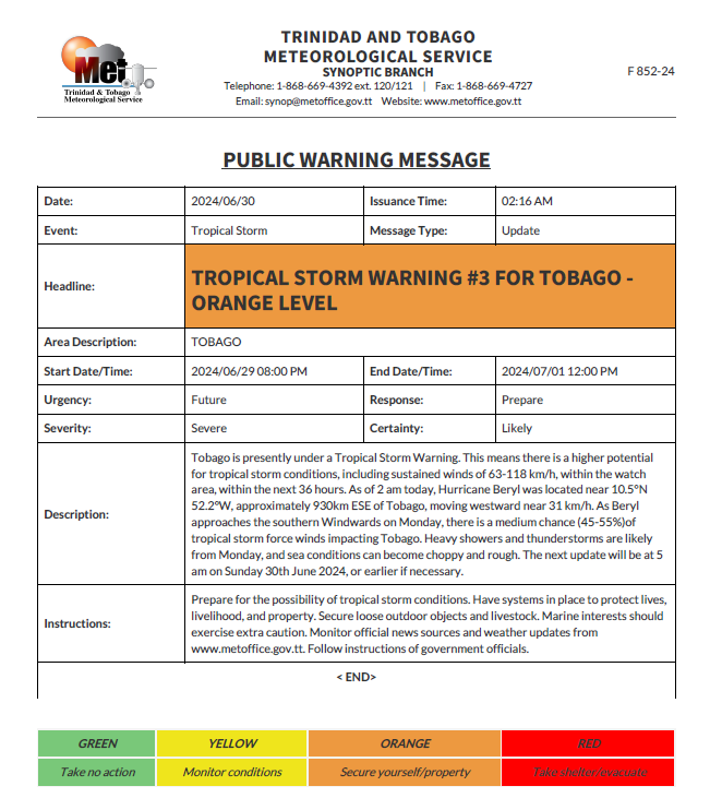 Tropical Storm Warning information from the Trinidad and Tobago Meteorological Service