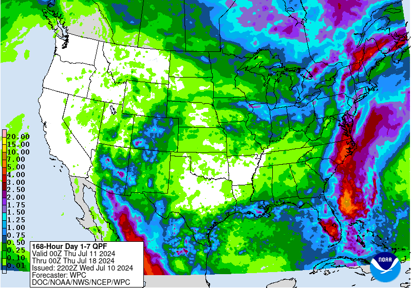 The latest 7-day precipitation forecast depicts an area at risk of excessive rainfall, along the coast of the southeastern and eastern United States as of 00Z Thursday, July 11th, 2024. (NOAA/NWS/NCEP/WPC)