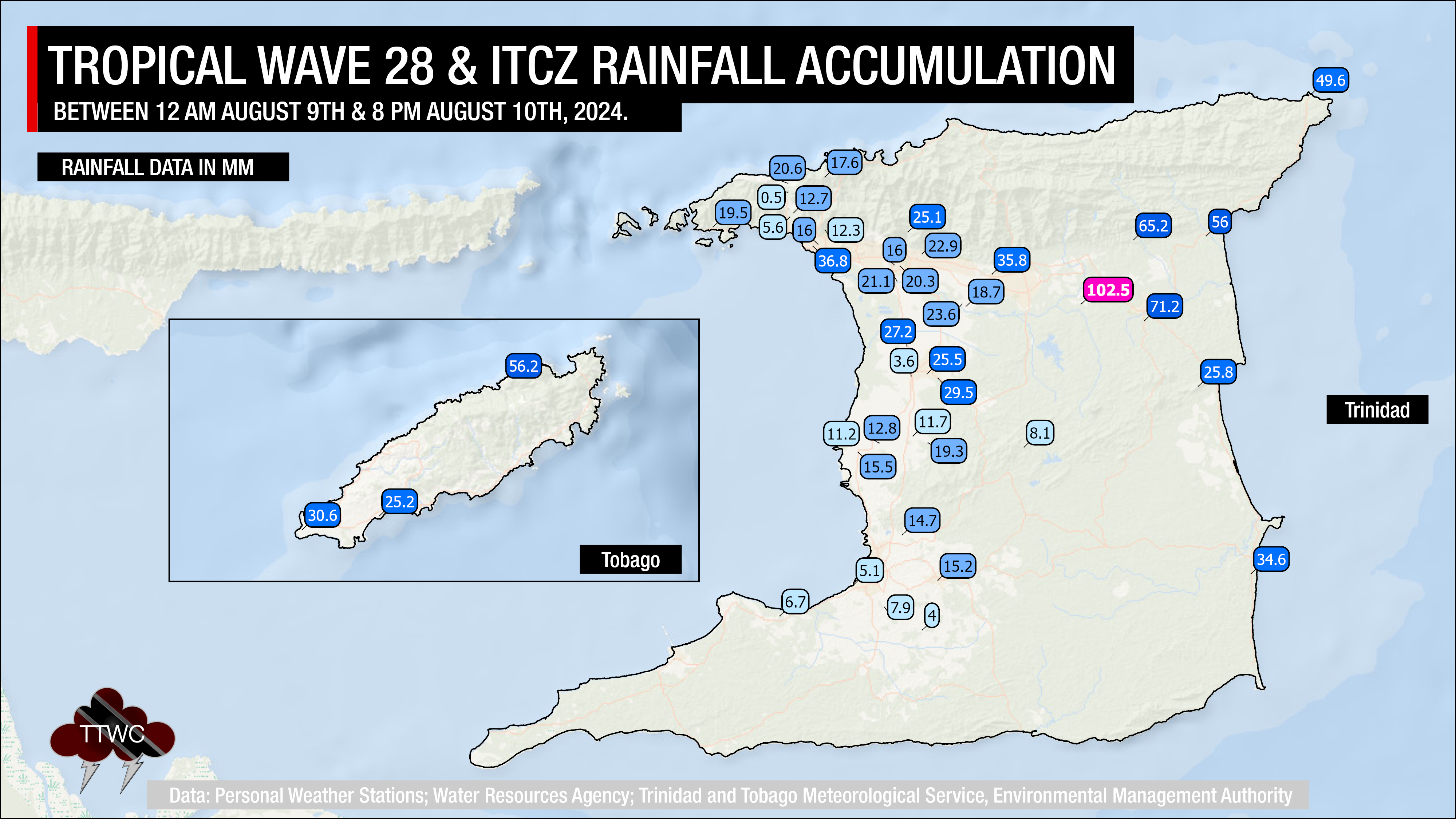 Event rainfall accumulations across Trinidad and Tobago based on data from weather stations across the country.