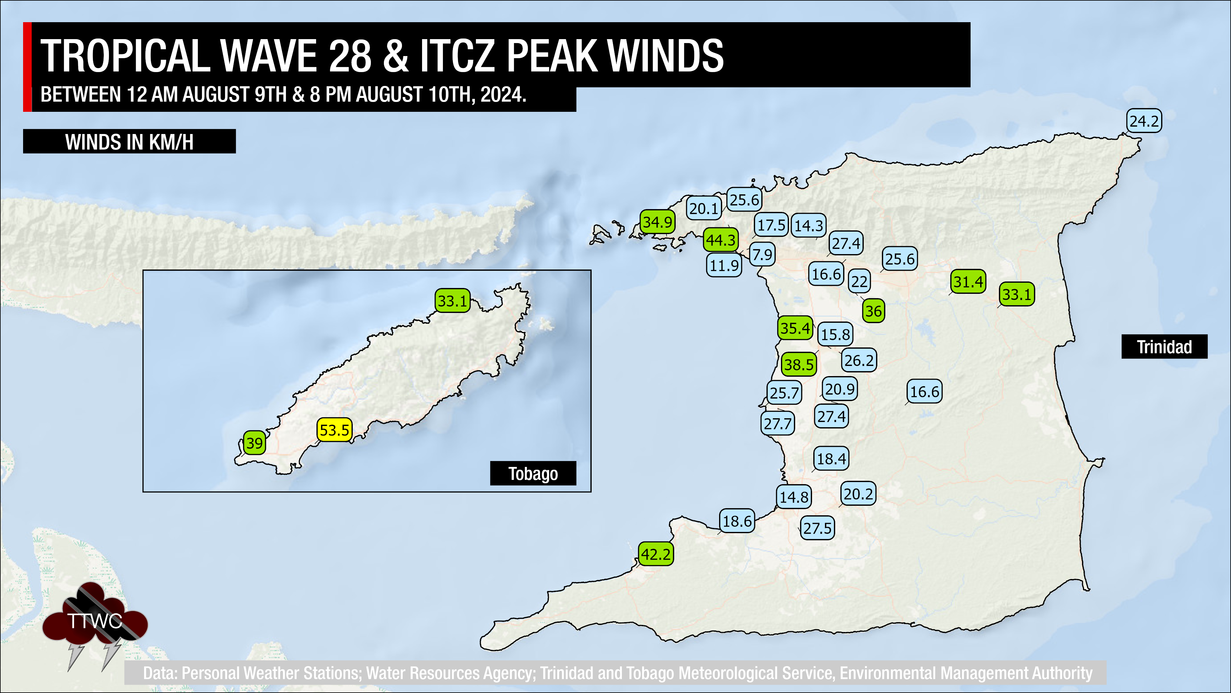 Peak wind gusts across Trinidad and Tobago based on data from weather stations across the country.