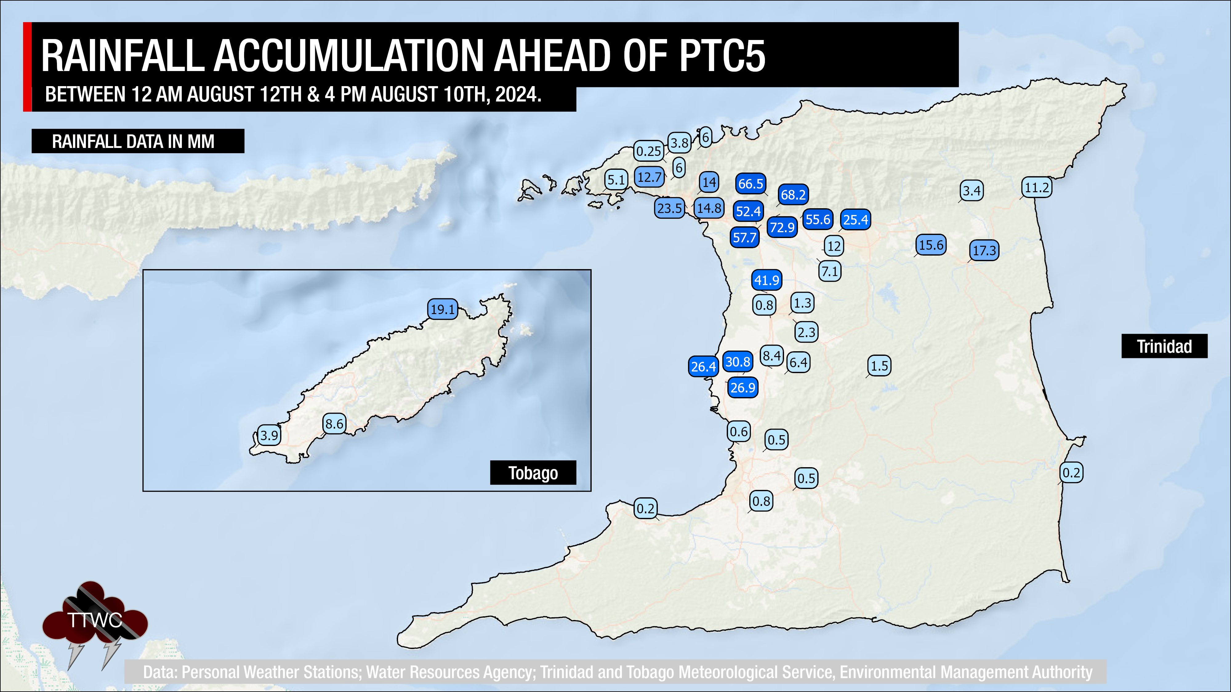 Event rainfall accumulations across Trinidad and Tobago based on data from weather stations across the country.