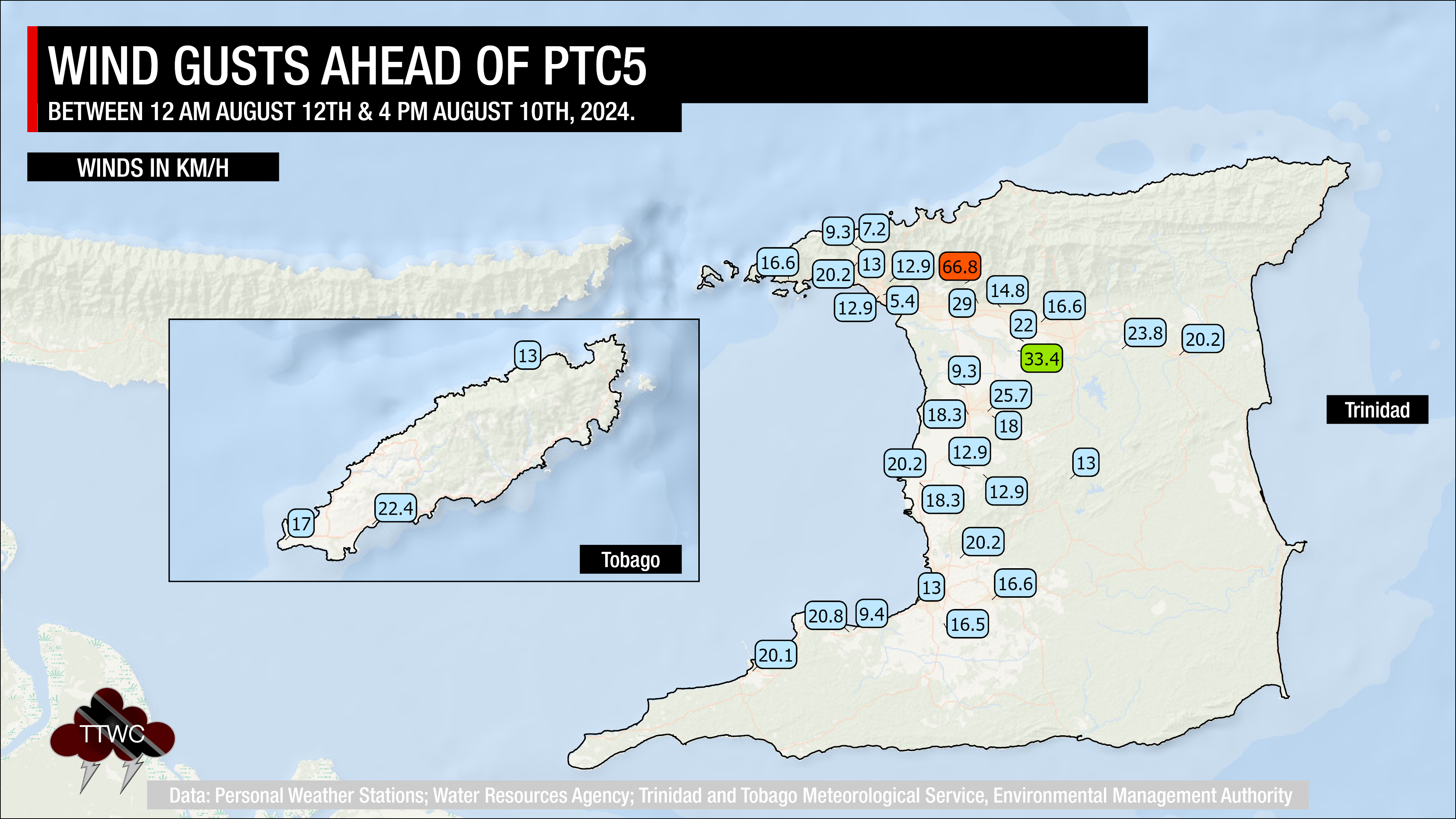 Peak wind gusts across Trinidad and Tobago based on data from weather stations across the country.