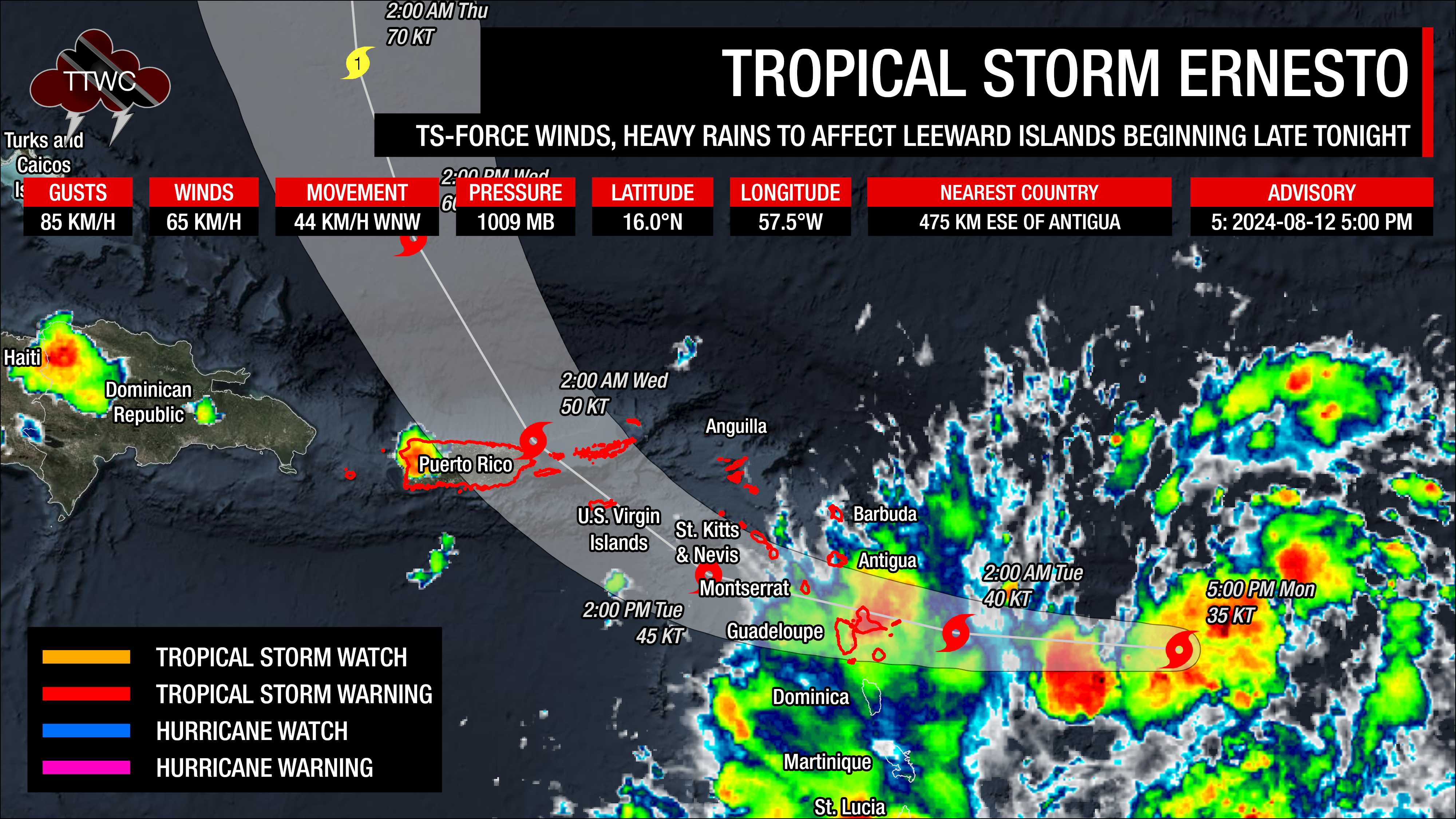 Latest cone of uncertainty from the National Hurricane Center for Tropical Storm Ernesto as of 5:00 PM Monday, August 12th, 2024.