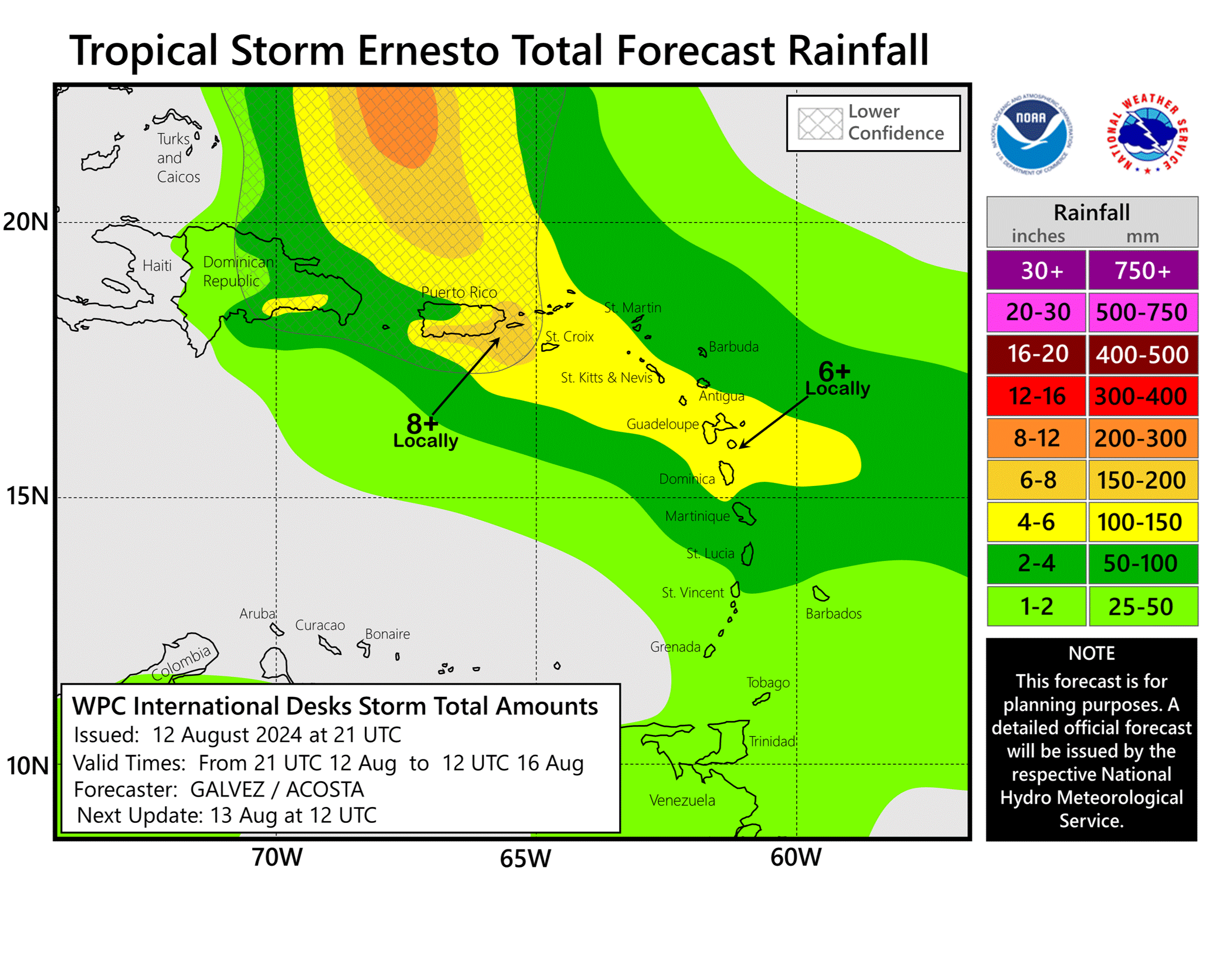 
Forecast rainfall accumulations from Tropical Storm Ernesto