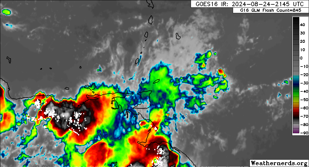 A satellite loop of heavy showers and thunderstorms south of Trinidad, moving northward and weakening. (Image:Weathernerds.org)