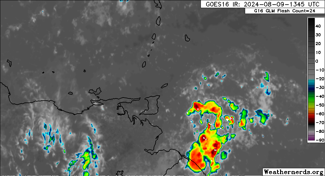 A satellite loop of heavy showers and thunderstorms across Trinidad and Tobago on Saturday (Image:Weathernerds.org)