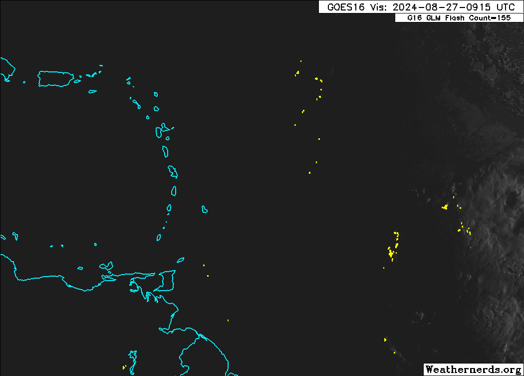 Tropical Wave 33 producing scattered showers, isolated thunderstorms, and cloudiness approaching the Lesser Antilles. (Weathernerds.org)