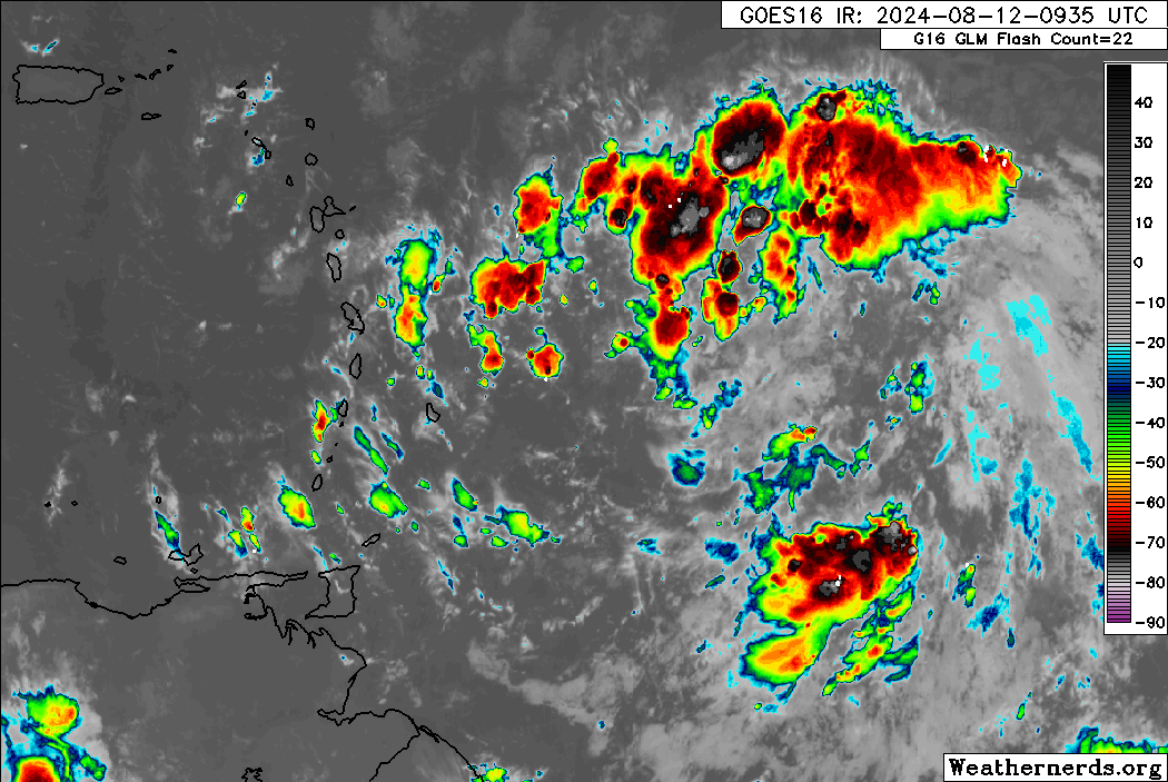 A satellite loop of heavy showers and thunderstorms is approaching the Windwards and Leewards associated with Potential Tropical Cyclone Five. (Image:Weathernerds.org)