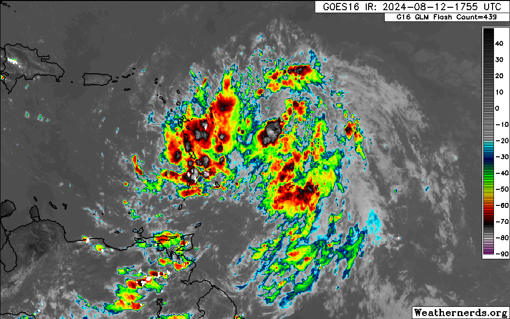 A satellite loop of heavy showers and thunderstorms is approaching the Windwards and Leewards associated with Tropical Storm Ernesto. (Image:Weathernerds.org)