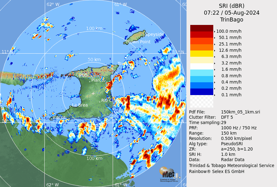 Radar loop of heavy showers and thunderstorms moving across southern Trinidad on Monday morning. (Images: Trinidad and Tobago Meteorological Service)
