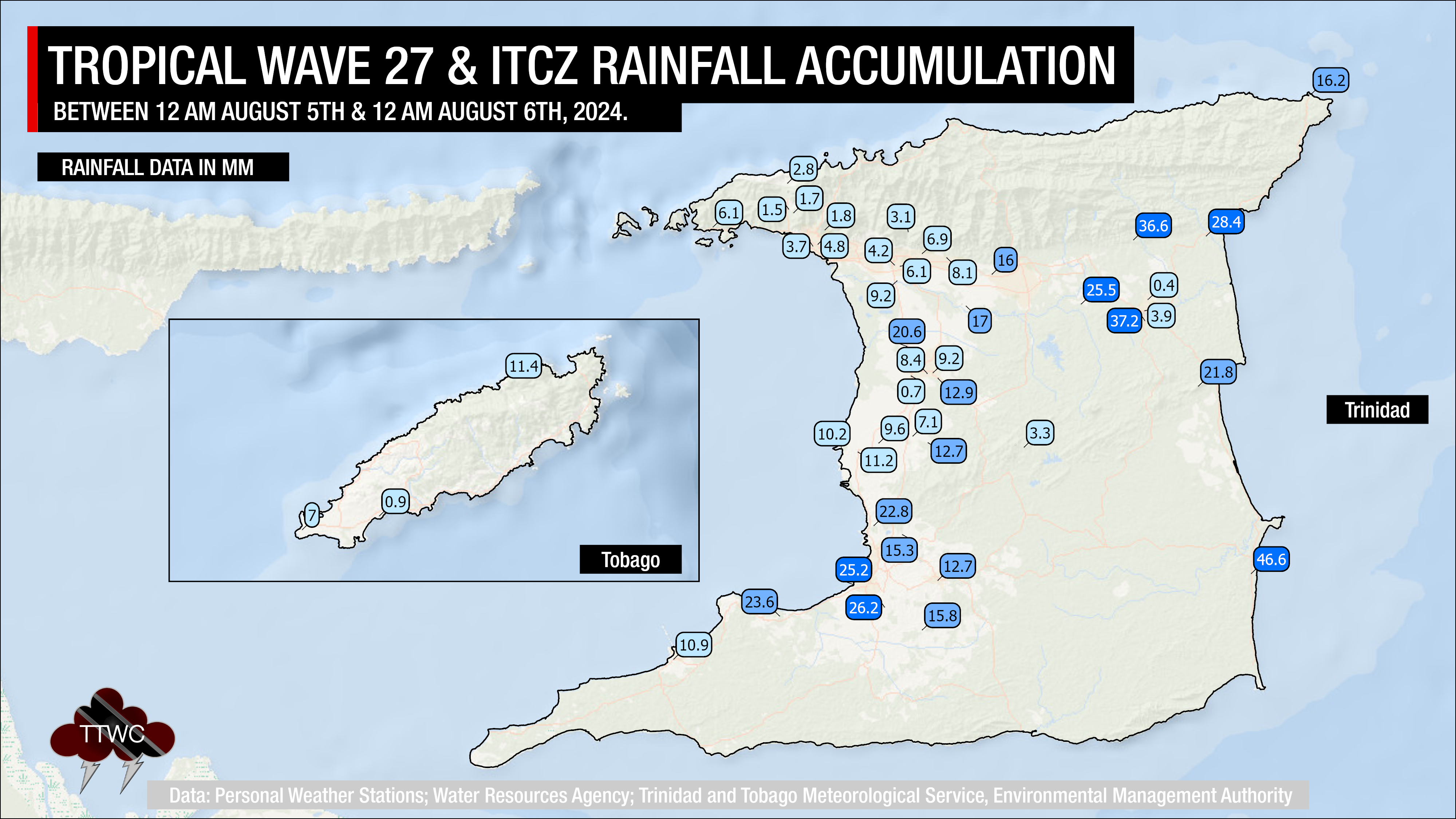 24-hour rainfall accumulations across Trinidad and Tobago based on data from weather stations across the country.