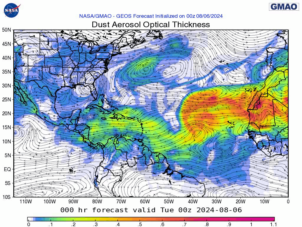 00Z Tuesday, August 6th, 2024, NASA GEOS-5 Dust Extinction Monitoring Tropical Atlantic Dust Aerosol Optical Depth showing Saharan Dust.