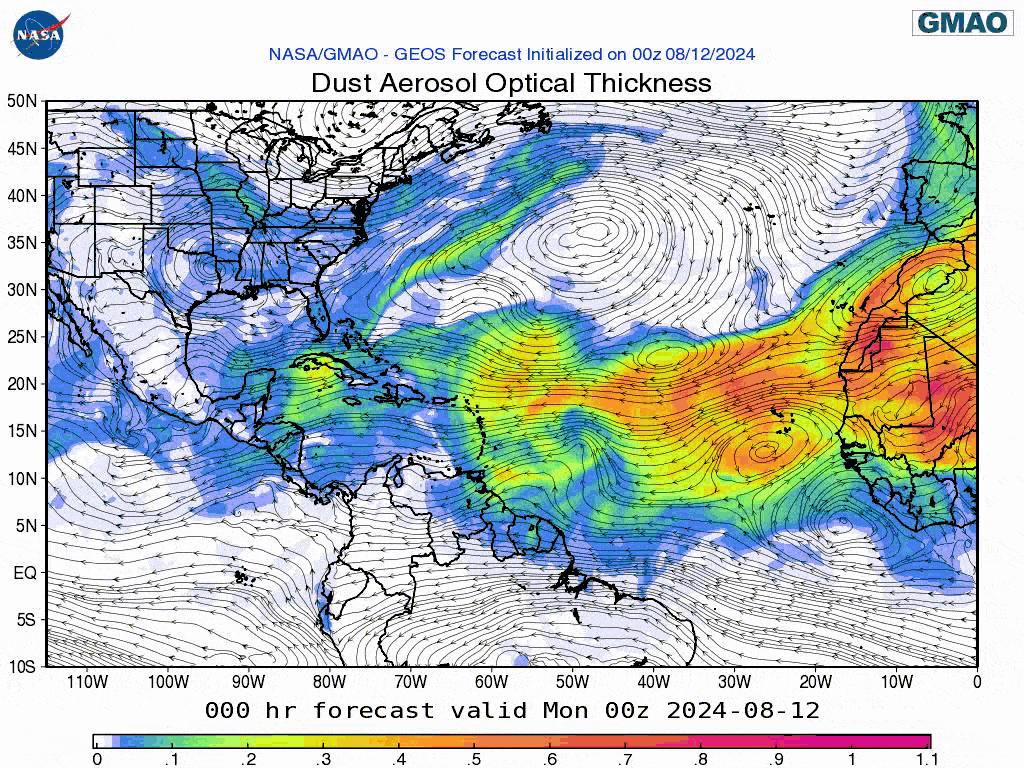 00Z Monday, August 12th, 2024, NASA GEOS-5 Dust Extinction Monitoring Tropical Atlantic Dust Aerosol Optical Depth showing Saharan Dust.
