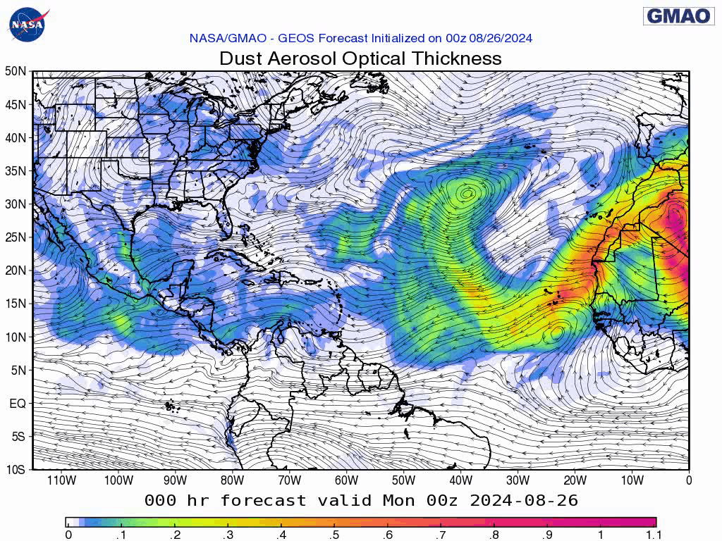 00Z Monday, August 26th, 2024, NASA GEOS-5 Dust Extinction Monitoring Tropical Atlantic Dust Aerosol Optical Depth showing Saharan Dust.